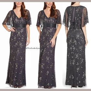 NWT Adrianna Papell Floral Beaded Mermaid Capelet Gown in Gunmetal [SZ 2‎ ]
